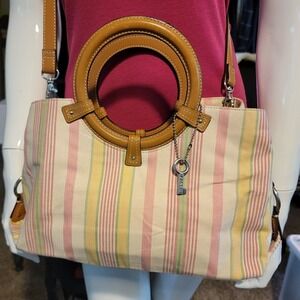 Fossil Genuine Classic Pastel Striped Faux Leather Handle Crossbody Purse Bag
